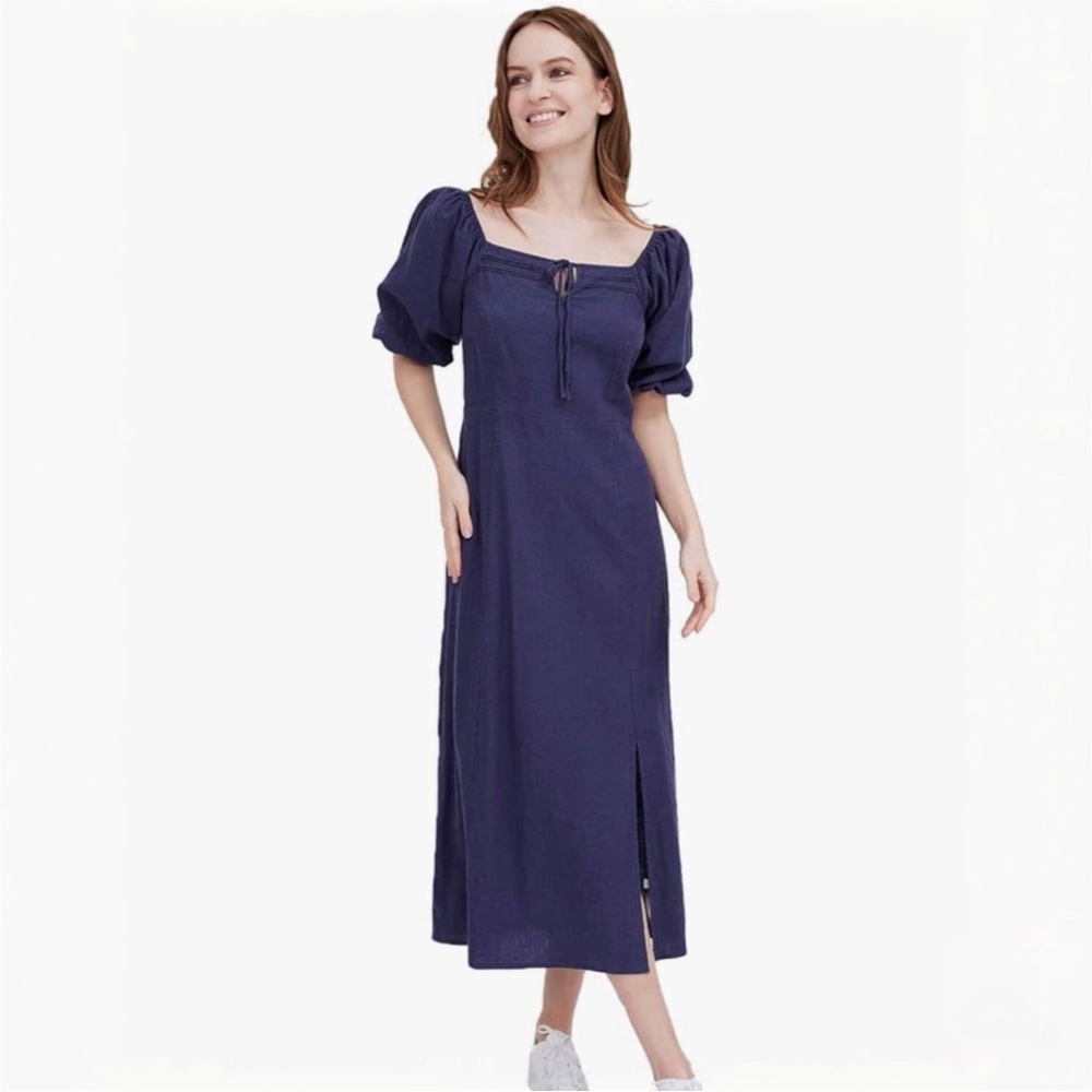 ASSUAL Square Neck Puff Sleeve Navy Blue Linen Blend Midi Dress Women’s Size 2XL